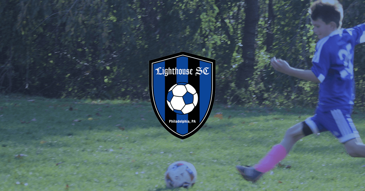 Lighthouse Soccer Club crest over a photo of a young player kicking a ball